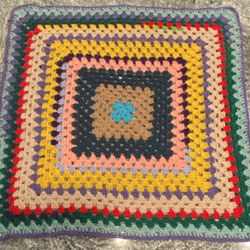 Vintage Hand Crocheted Blanket Measuring Approximately 34” Square. Beautiful Colors 