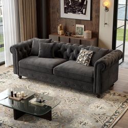 82 Inch Chesterfield Sofa, 23 Inch Deep Seat Velvet Couch for Living Room, Button Tufted Couch with Rolled Arms, 2 Throw Pillows, Comfy Vintage Lovese