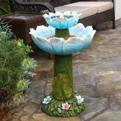 Solar-Powered Bird Bath Water Fountain with Light – 28.3" Blue Flower Design ，F1954