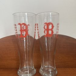 Pair of Boston Red Sox Pilsner Beer Glasses 8” x 3”