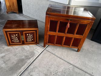 Vintage Chinoiserie Cabinet Pair. Hand Painted Inlay. Solid Wood