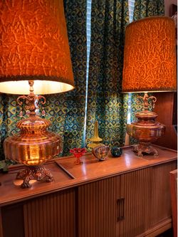 1970’s PAIR of Vintage MCM Amber Glass Hollywood Regency Lamps