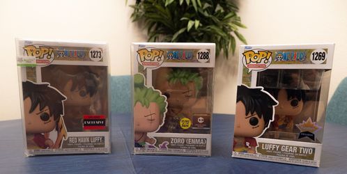 3 Funko Pops: Zoro (Enma), Luffy Gear Two, Red Hawk Luffy