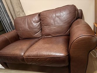 Brown Leather 2-Seater Loveseat Sofa