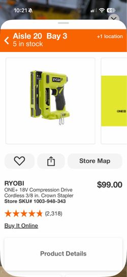 RYOBI ONE+ 18V Compression Drive Cordless 3/8 in. Crown Stapler