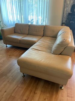 Beige Leather L-Shaped Sectional Sofa (Size 92x80 inches)