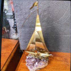 Beach Decor Brass Amethyst Boat Ship 
