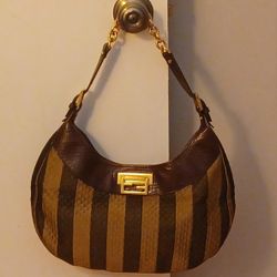 Fabulous Fendi Brown Leather Con Clip Pequin Stripe Canvas Hobo Bag - 8BR552