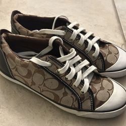 Coach Barrett Sneakers Brown Khaki Signature Logo Jacquard Shoes Size 7.5