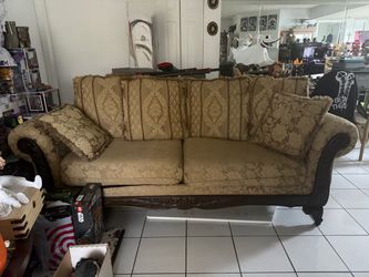 Traditional Ornate Carved Wood Damask Sofa