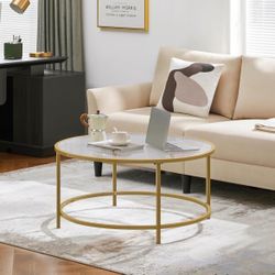 Gold Glass Coffee Table for Living Room, 36" Round Glass Coffee Table with Metal Frame, Circular Coffee Table for Home, Office, Apartment