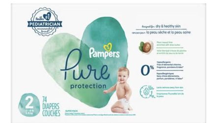 Pampers Baby Diapers - Pure Protection - Size 2, 74 Count, for up to 100% Leakproof, Premium Plant-based Skin Protection