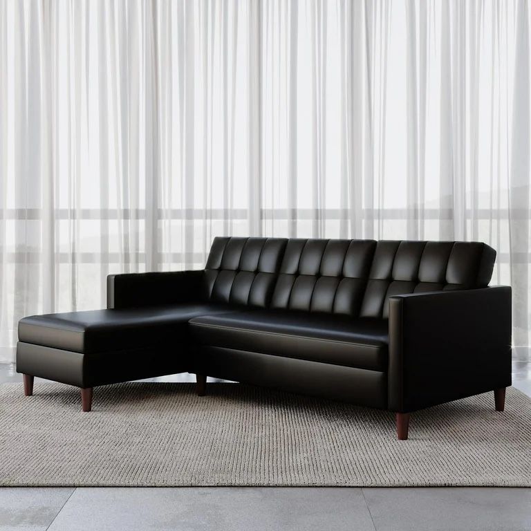 DHP Hartford Storage Reversible Sectional Futon with Chaise, Space Saving, Opens to Bed, Wooden Legs, Black Faux Leather, New In Box