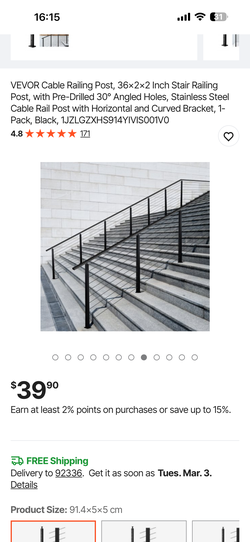 VEVOR Cable Railing Post, 36×2×2 Inch Stair Railing Post, with Pre-Drilled 30° Angled Holes, Stainless Steel Cable Rail Post with Horizontal and Curve