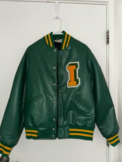 Green Leather Varsity Bomber Jacket with Letter Patch