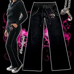 Vintage Y2K Juicy Couture Velour Flared Tracksuit Pants (Black/Multicolor) - SIZE XS/S