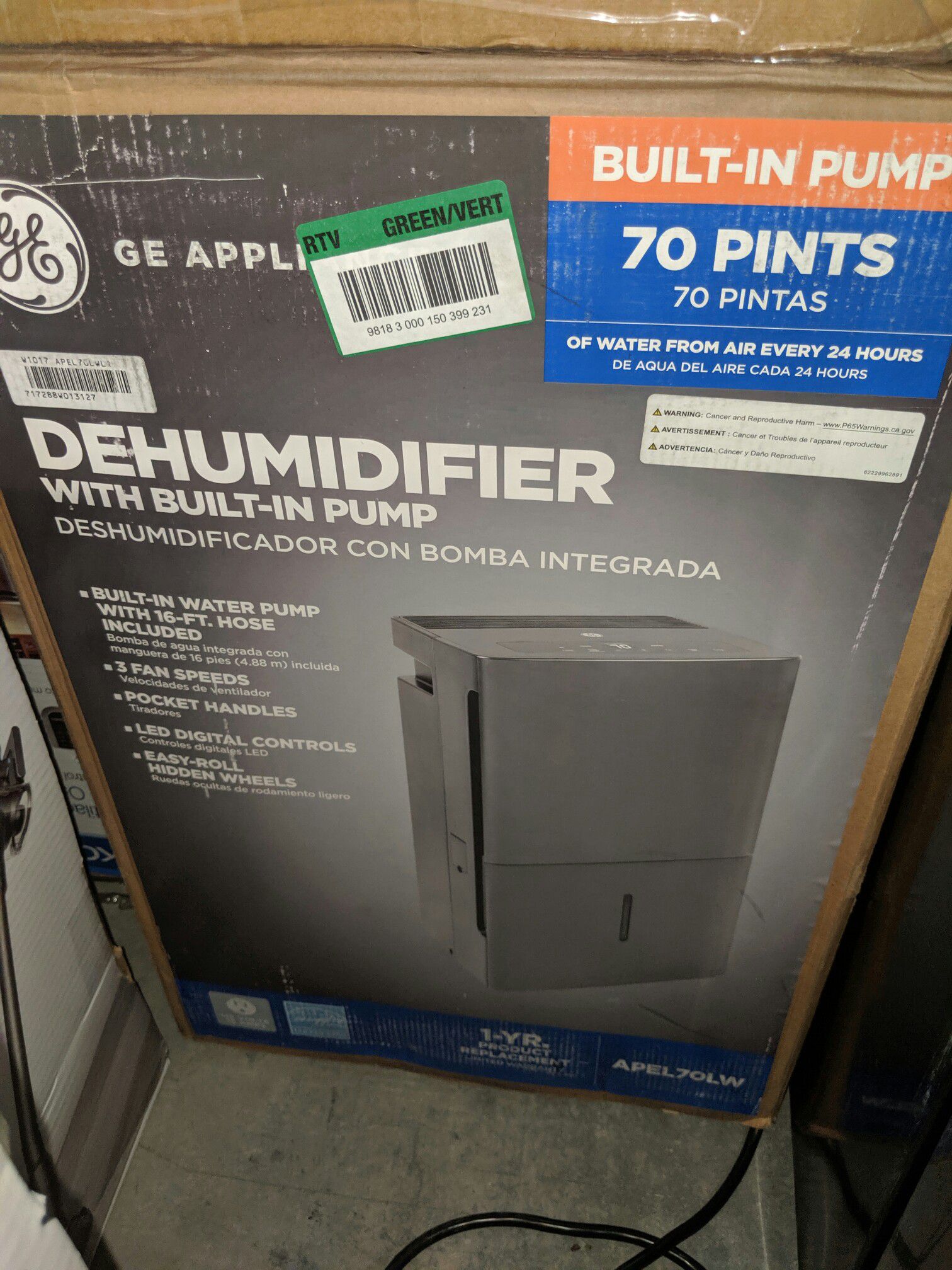 NEW GE 70 pt. Dehumidifier with Built-In Pump, ENERGY STAR