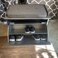 GREY WOOD AND MIRROR SHOE ORGANIZER AND STORAGE 