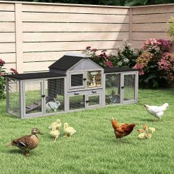 Rabbit Hutch, Grey, 82″L 3-Compartment Double Rabbit Hutch, New 