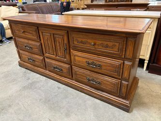 Vintage Wooden 9 Drawer Triple Dresser with Carved Floral Details