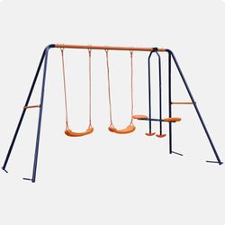 Double Swings Set Sturdy Metal Swing w/1 Seesaw Set for Children Outdoor Play