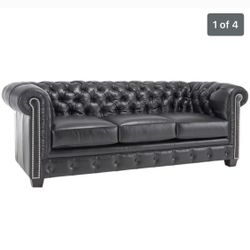 Black Chesterfield 3 Cushion sofa deep button tufting rolled arms nailhead trim