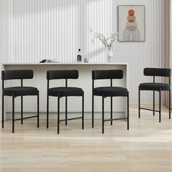 24'' Boucle Bar Stools Set of 4, Black Bar Stools with Backs, Counter Height Bar Height Stools for Kitchen Island, Upholstered Bar Chairs