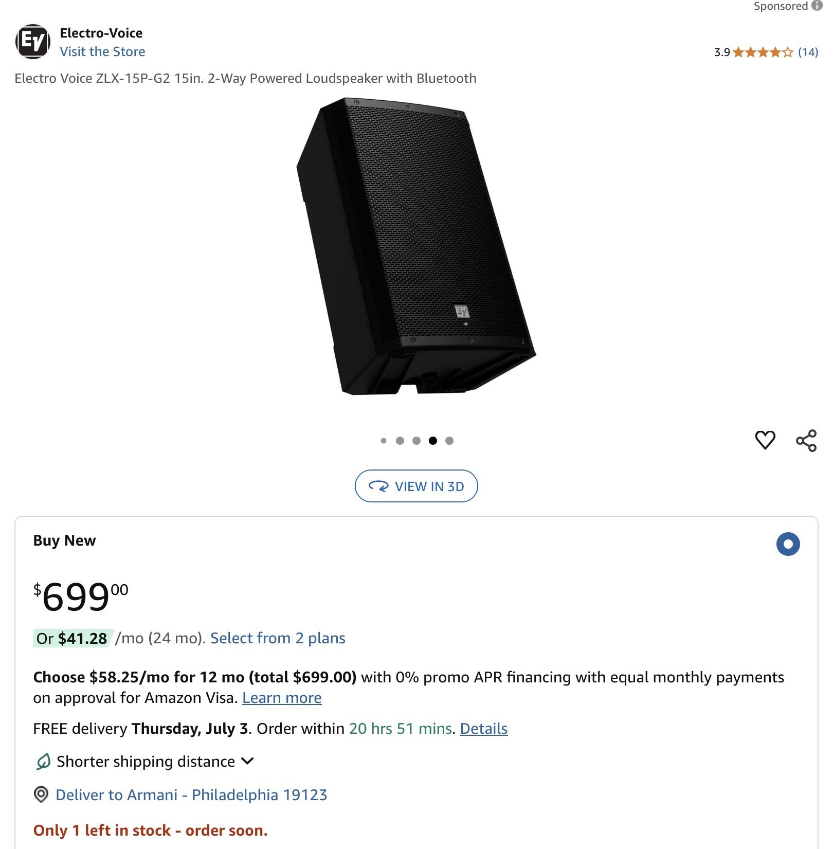 Electro-Voice EV ZLX-15P G2 15" 2-way powered speaker, US cord ZLX15P G2