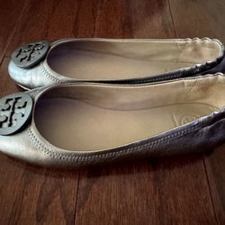 2 Pair ToriBurch Napa Leather Flats One Silver One Black