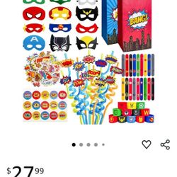 Party Supply Pack Superhero Masks, Straws, Stickers, Wristbands Etc... 