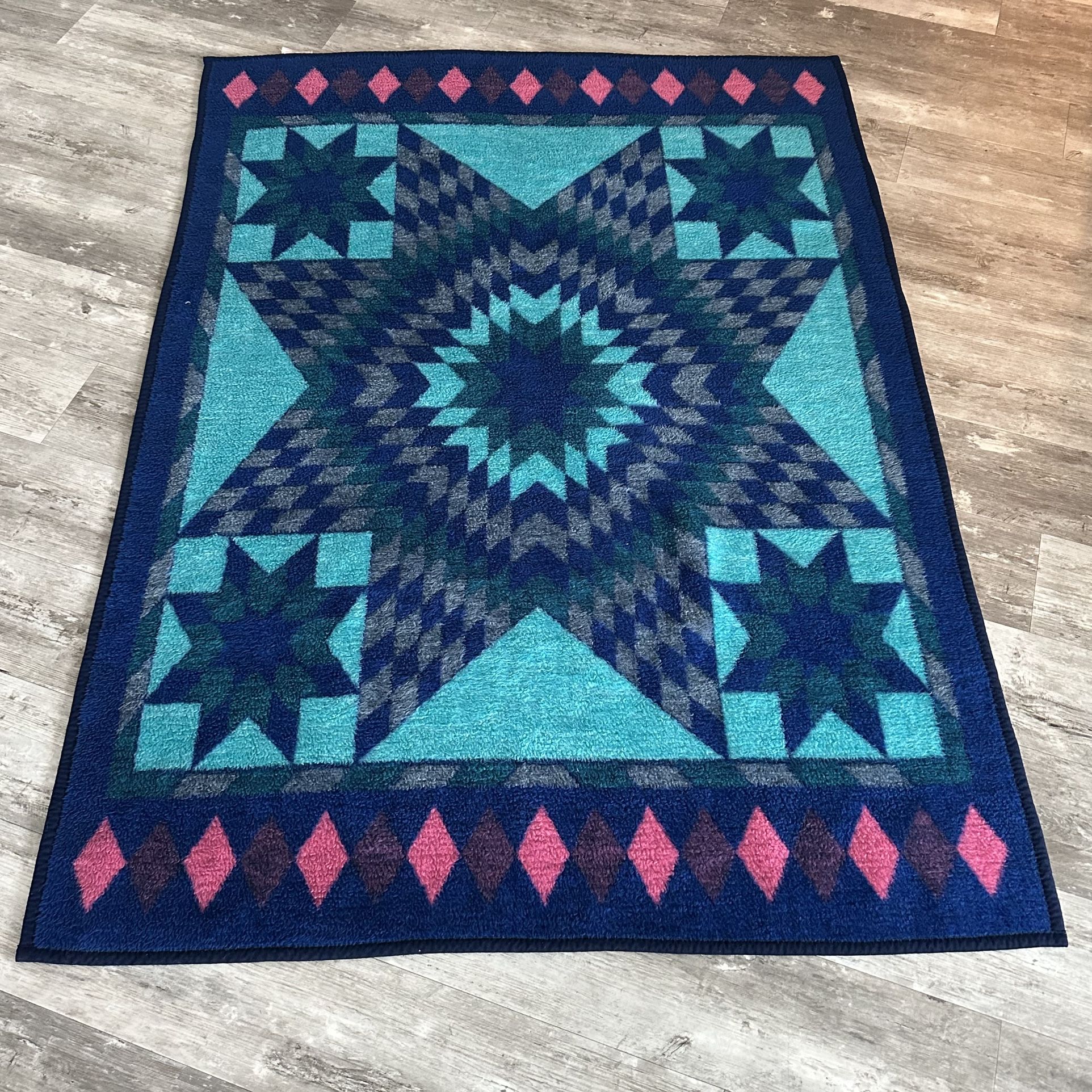 Vintage Biederlack 52x70 Blanket Turquoise Pink Blue Lone Star Geometric