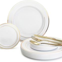 D15# OCCASIONS Set & 100 Guest Wedding Disposable Plastic Plate & Silverware Combo Set (White & Gold Rim plates, Gold Silverware)