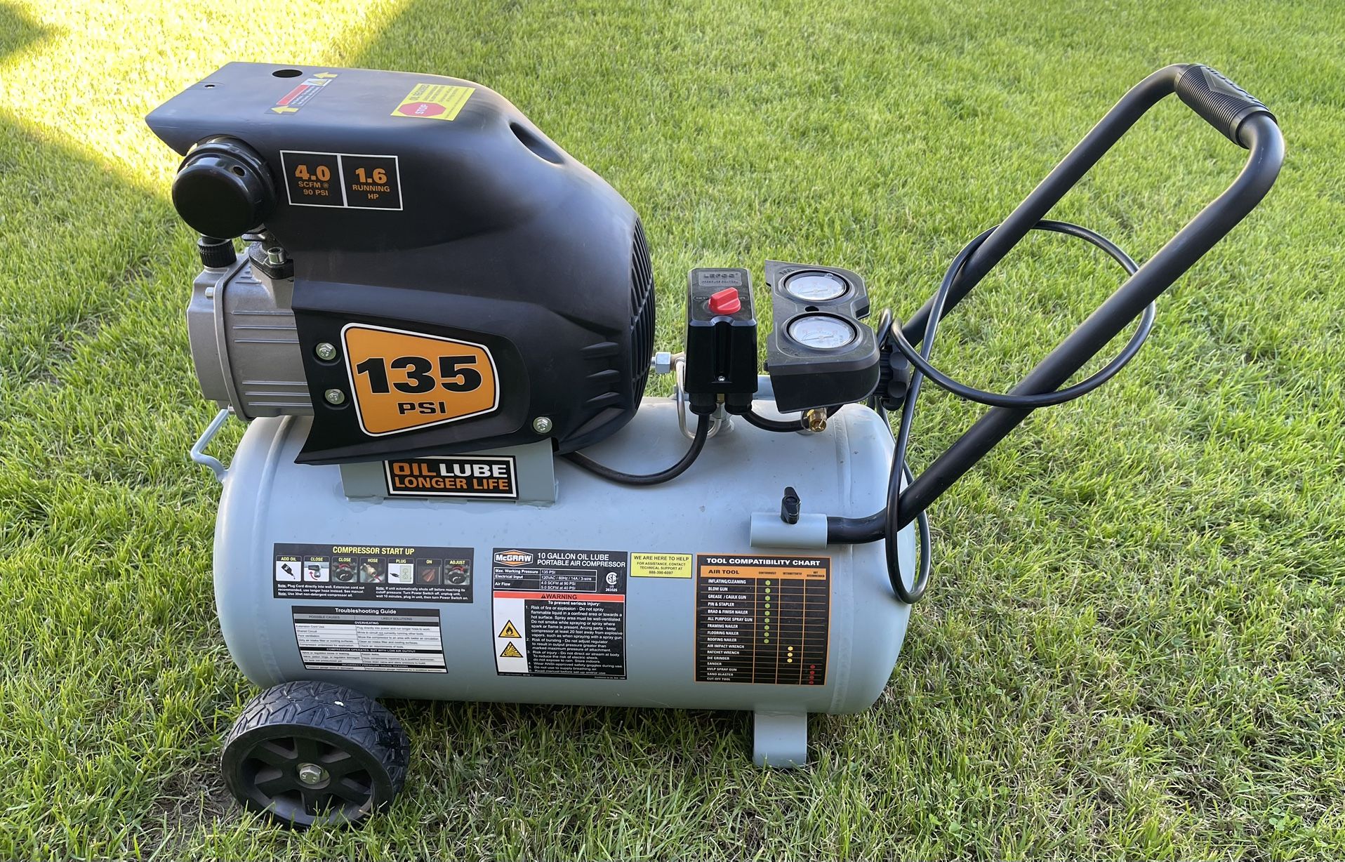 McGraw Portable 10 Gallon Oil Lube Air Compressor