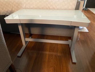 Tempered Glass Sit Stand Motorized Desk With Divided Drawer & USB Outlets and Charging Pad