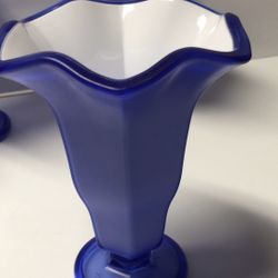Home decor, thickened plastic vases look like ceramic, about 6 1/2 inches tall, 4 inches mouth opening, blue color outside and white color inside.