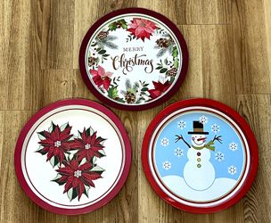 (3) Round Christmas / Winter Trays, Natural Tin