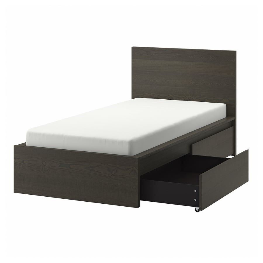 Ikea MALM Twin Bed (Black) with Storage Drawers AND Mattress
