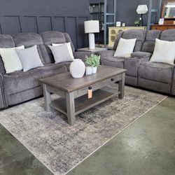 Manual Double Reclinering Sofa Set In Charcoal Gray