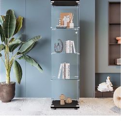 Beauty4U Glass Display Cabinet with 4 Shelves, Curio Cabinets for Living Room, Bedroom, Office, Black Floor Standing Glass Bookshelf, Quick Installati