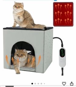 Heated Cat House, Heating Cat Houses for Indoor Outdoor Kitty with Heating Pad, Foldable Heated Kitty House Cat Shelter for Your Pet to Stay Warm and 