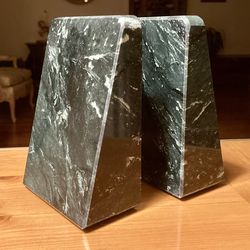 Book Ends- Marble- Dark Green with White & Black - Austere Cut Wedge Shape- Vintage In Excellent Condition! **Read Description**