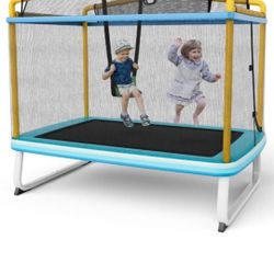 Giantex 6Ft Rectangle Trampoline with Swing, ASTM Approved Mini Kids Trampoline with Net, Horizontal Bar, L-Shaped 2 Way Zippers, Indoor Outdoor Small