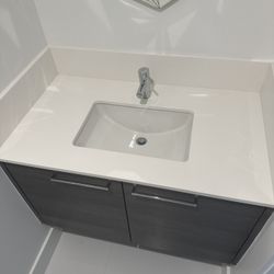 Grey Oak Cabinet & White Quartz Countertop W/ Chrome Faucet 