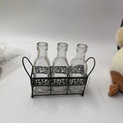 Vintage 3 Glass Condiment Bottles w/ Metal Caddy Oil Vinegar Cruet Set 