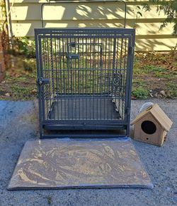 Supreme Portable Bird Cage Pet Travel Carrier With Wooden House, Cage Cover,  And Gravel Paper