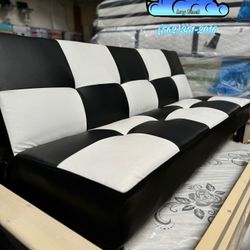 Foldable Black And White Checkered Futon Sofa 