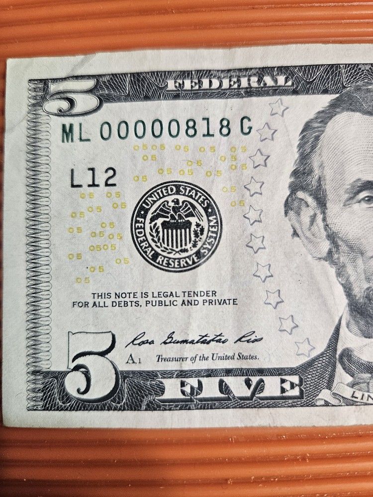 3 Digit Super Low Serial Number 2013 $5 ML 00000818 G (PICKUP ONLY)