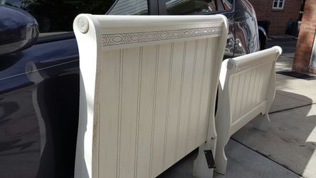 Twin Headboard & Footboard Sleigh Style Bone Finish Oak Wood