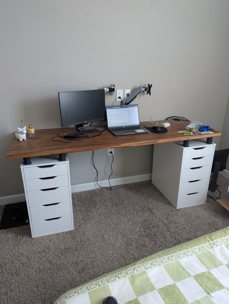 Wide Custom Wood Office Desk w Spacious Cabinets