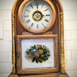 1800s antique wood mantle clock. 150 year old collectible clock. Seems to work!  Also, gong chime seems to work!  Excellent conditio